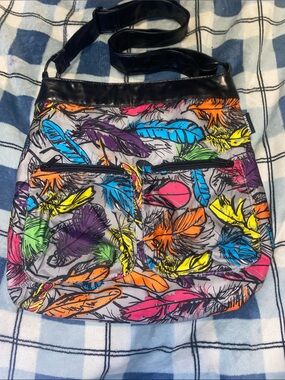 Yak Pak Multicolor Feather-Print Shoulder Bag with Black Trim and Strap